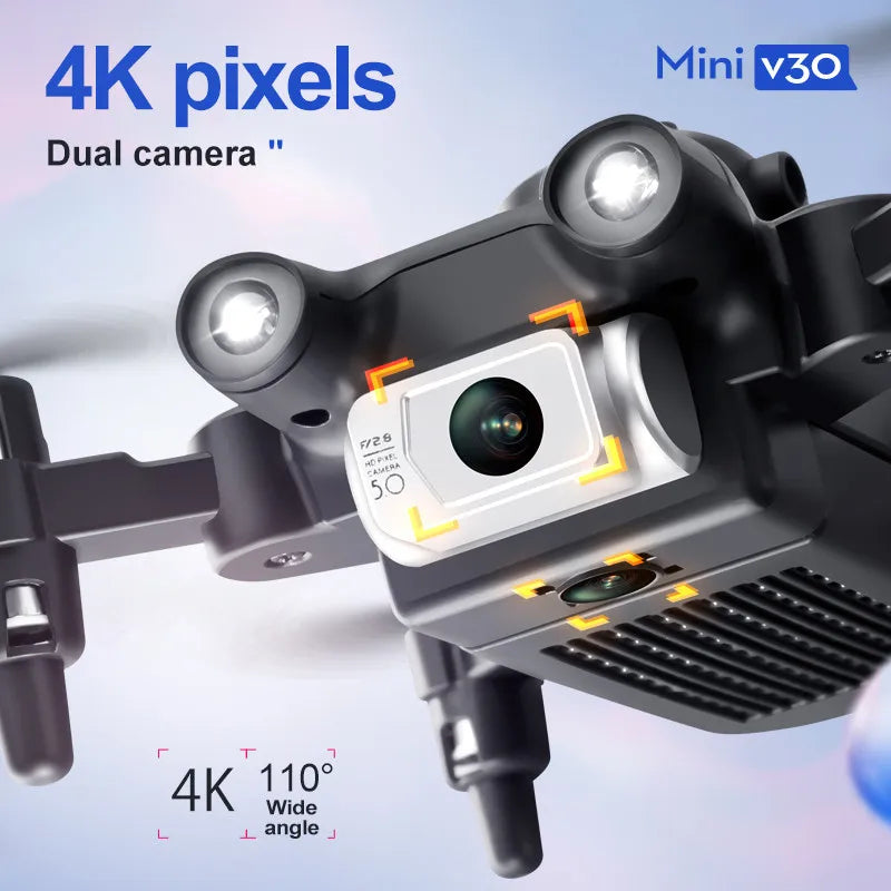 Mini Dobrável RC Quadcopter Drone para Adultos e Crianças, Drones Evitar Obstáculos, WiFi FPV Drone, 4K HD Dual Camera, Presente, V30, Preto e Cinza