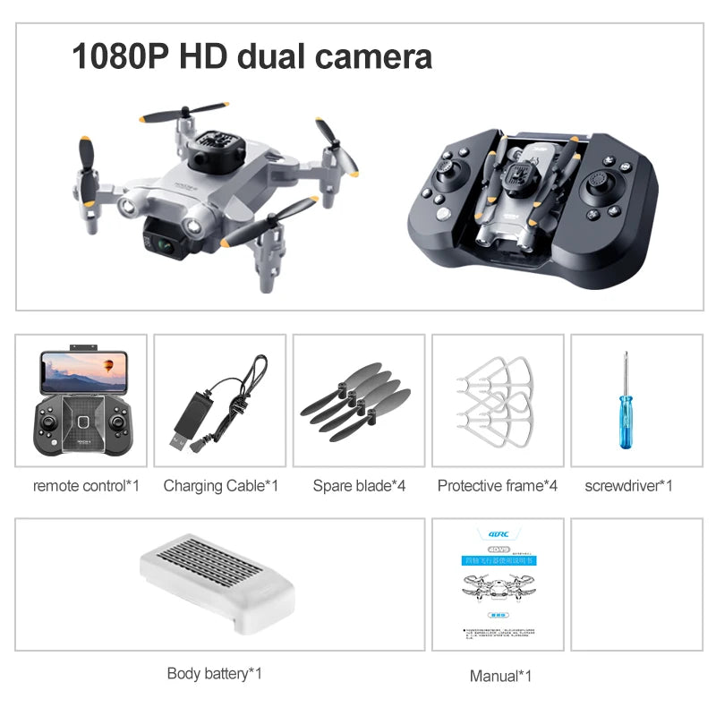 Mini Dobrável RC Quadcopter Drone para Adultos e Crianças, Drones Evitar Obstáculos, WiFi FPV Drone, 4K HD Dual Camera, Presente, V30, Preto e Cinza